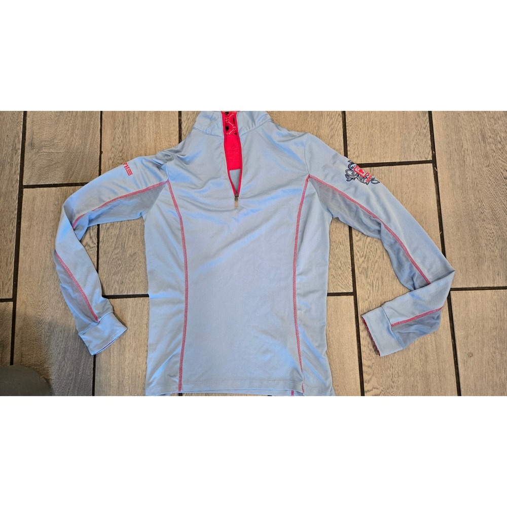 Romfh Equestrian Sun Shirt Womens Light Blue Pink Trim Quarter Zip Mesh Top